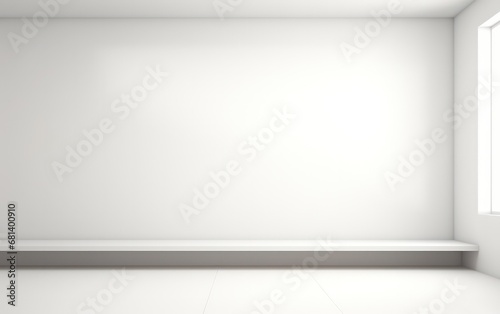 An abstract blank white studio background suitable for product presentations. This empty room is characterized by window shadows, creating an opportunity to display products against a blurred backdrop