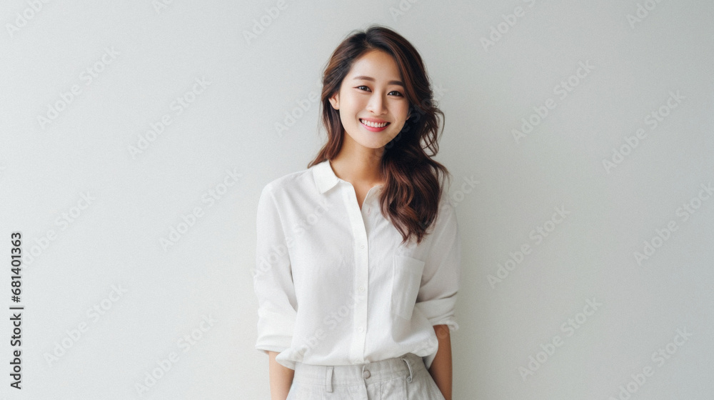 Portrait of a beautiful asian woman in white shirt on white background. Portrait of a beautiful asian woman in white shirt on white background.