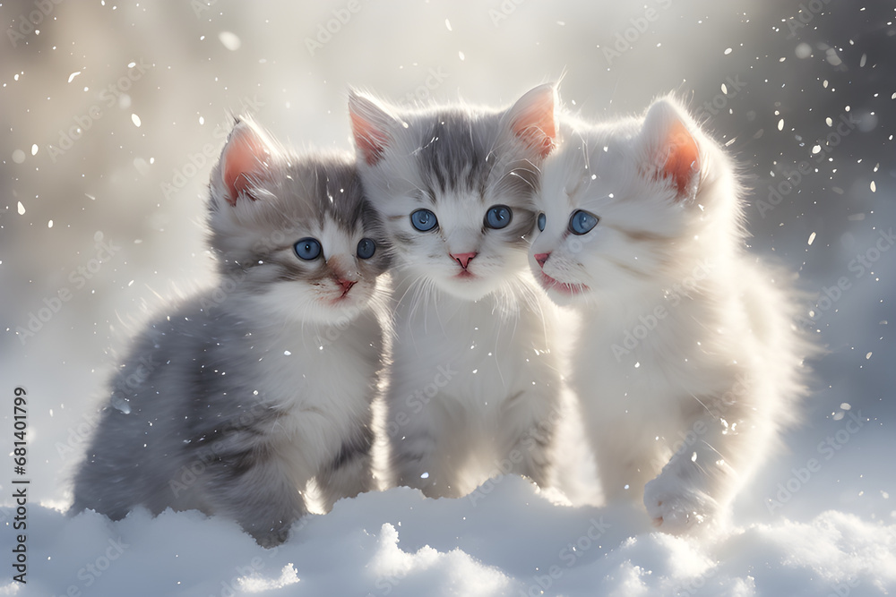 the draw kittens playing in the white snow