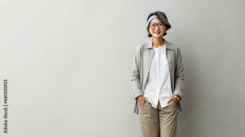 Mature cool Asian woman standing on grey background with copy space.