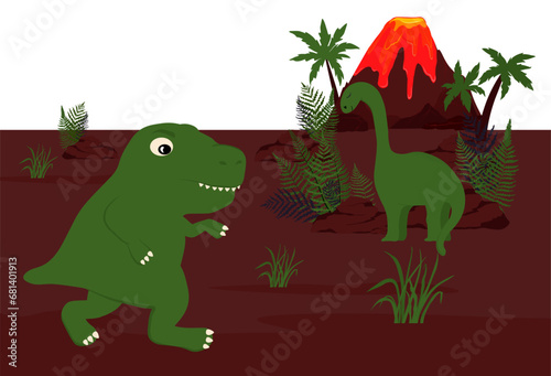 Dinosaurs are a diverse group of reptiles of the clade Dinosauria.Jurassic period, Cretaceous period. Vector stock illustration. Panorama.