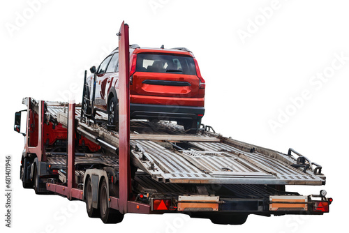 Isolated tow truck on white background. Close-up of a Tow truck with the car on the highway. Car service transportation concept. Tow truck transporting the vehicle on athe road. No background.