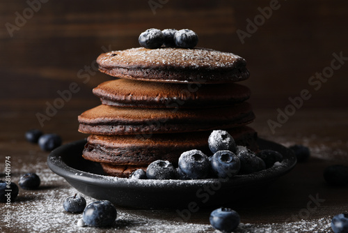 Chocolate pancakes, tasty breakfast, concept of delicious food