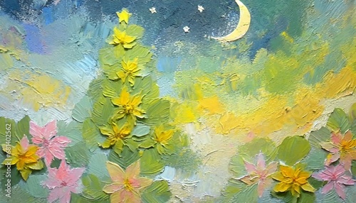 happy holiday, merry christmas, moonlit night, moon light, crescent moon, oil painting, illustration