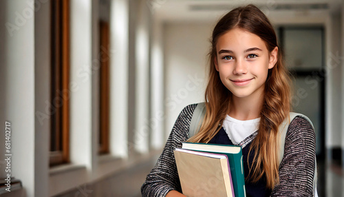 Estudiante adolescente con libros en sus brazos en pasillos de la escuela preparatoria photo