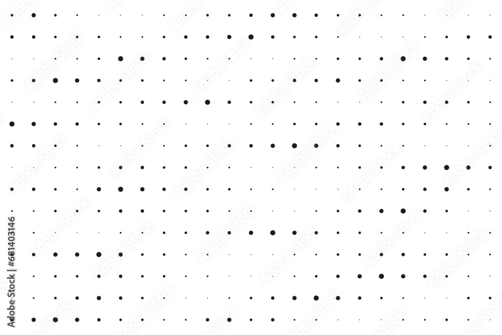 Dot grid halftone seamless pattern. Different sized round points background. Abstract monochrome retro texture. Dotty perforated surface. Vector graphic illustration. Dot grid halftone seamless pattern. Different sized round points background. Abstract monochrome retro texture. Dotty perforated surface. Vector graphic illustration.