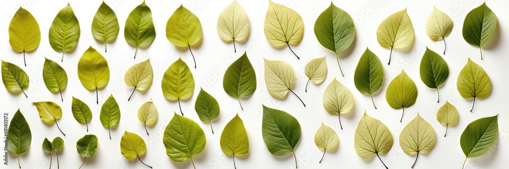In a wide-format composition, an abstract background is created with green leaves laid flat against a clean white backdrop, forming a versatile image. Photorealistic illustration