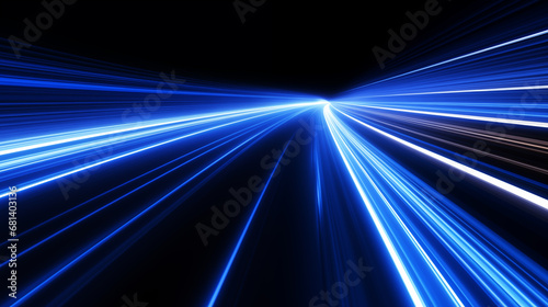 Blue neon lights come in high speed concept on black background.