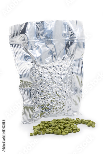 Obraz na płótnie Aluminium bag with vacuumed hop granules with a pile of green hop pellets - Žatec, Czech Republic w salonie
