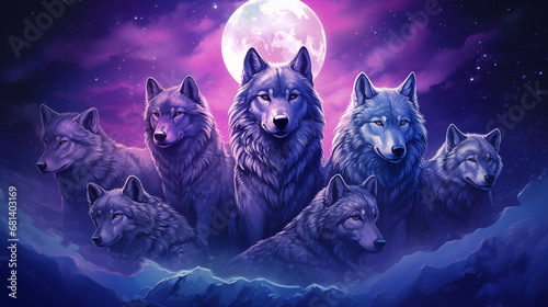 A pack of wolves on a full moon night, drawn with colored pencils, emphasizing lines and using mainly purple tones. photo