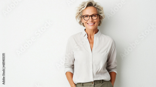 Portrait of smiling mature businesswoman in eyeglasses standing against white background.