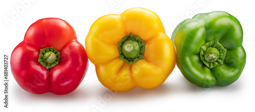 GGreen, yellow and red sweet peppers on white background. File contains clipping path.