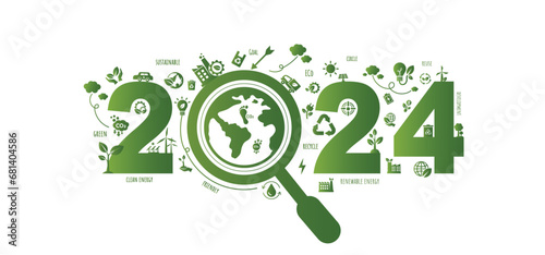 2024 New year, Eco friendly, Sustainability planning concept with globe and World environmental green doodle icons drawing set on white background ,Vector illustration