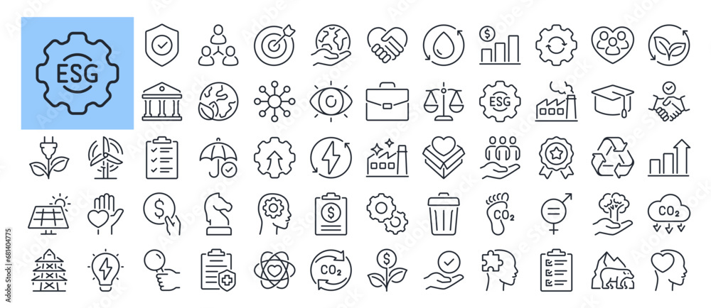 ESG Environmental Social Governance concept editable stroke outline icons set isolated on white background flat vector illustration. Pixel perfect. 64 x 64. ESG Environmental Social Governance concept editable stroke outline icons set isolated on white background flat vector illustration. Pixel perfect. 64 x 64.