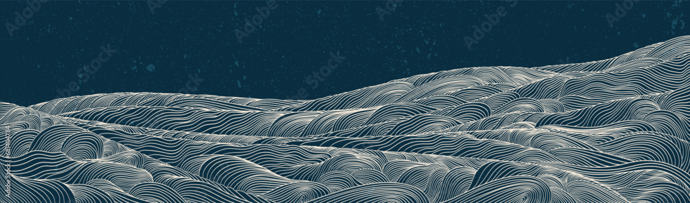 Japanese background with hand drawn wave vector. Abstract template with line pattern. Mountain layout design in oriental style