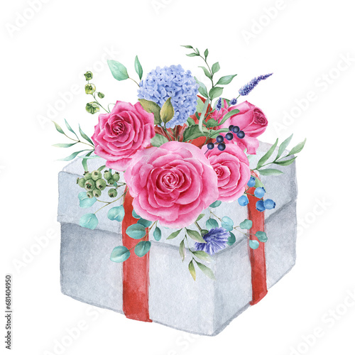 Gift box with a bouquet of roses and hydrangea flowers. Watercolor illustration for the day valentines day, birthday, wedding photo