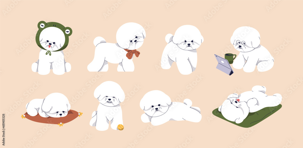 Cute baby dog of Bichon Frise breed. Funny fluffy fuzzy puppy set. Canine animals activities. Toy doggy, little curly pup pet playing, sleeping, lying, walking. Isolated flat vector illustrations Cute baby dog of Bichon Frise breed. Funny fluffy fuzzy puppy set. Canine animals activities. Toy doggy, little curly pup pet playing, sleeping, lying, walking. Isolated flat vector illustrations