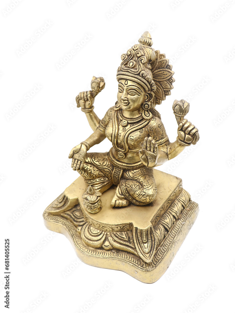 handcrafted brass of goddess lakshmi of hindu religion stitting with multiple arms, symbol of wealth and prosperity isolated 