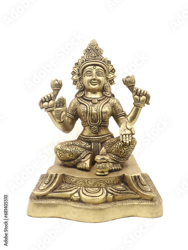 frontb view of a brass idol of hindu goddess lakshmi stitting with multiple arms  symbol of wealth and prosperity isolated 