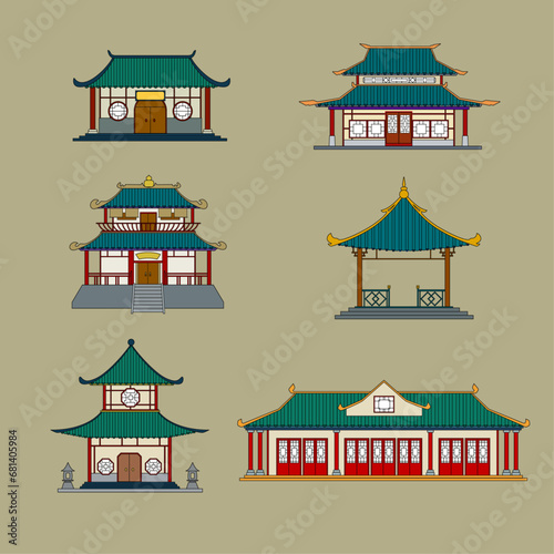 Chinese traditional building vector art outline vs color useful design element for classical style Buddhism Taoism Confucianism Zen East Asia religion old culture house temple pagoda palace school 