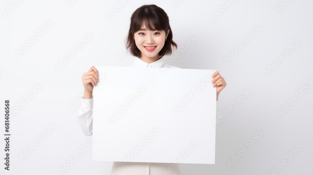 Young Japanese woman with white board isolated on white background. Young Japanese woman with white board isolated on white background.