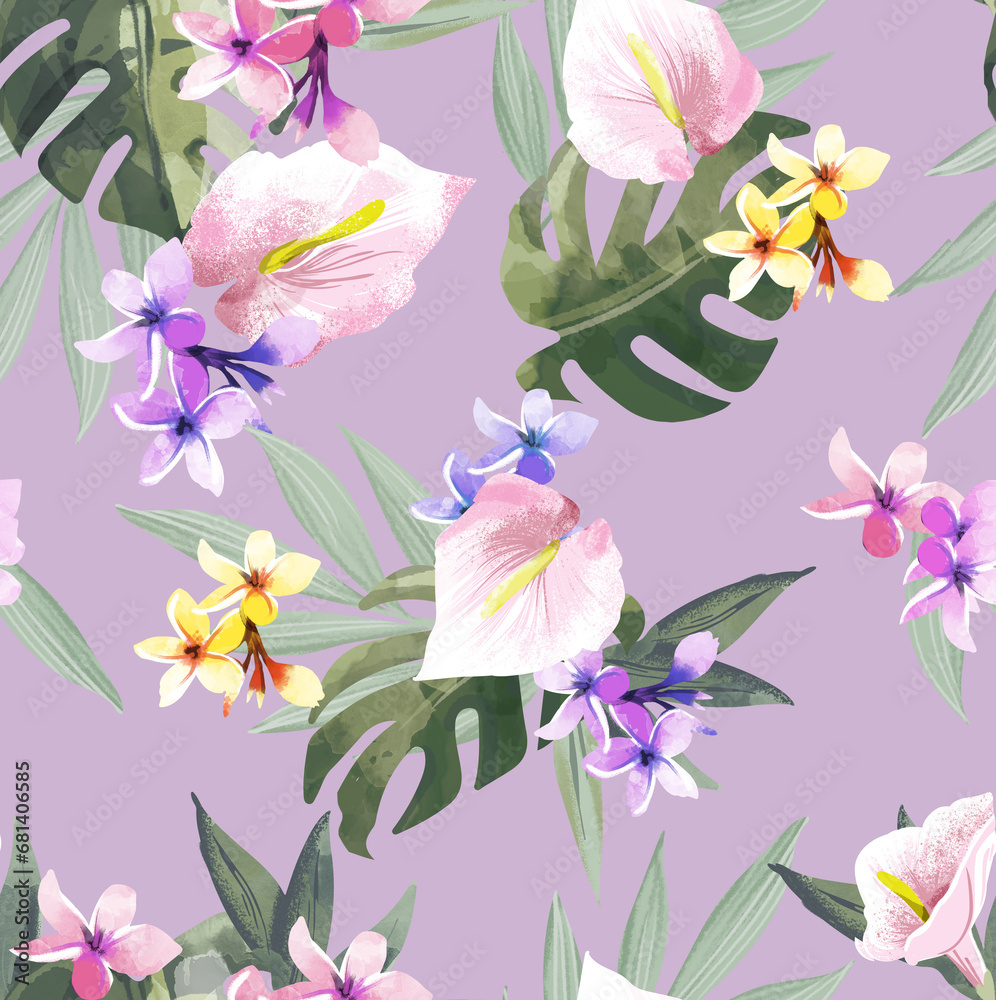 Seamless pattern Exotic wallpaper of tropical flowers green leaves of palm trees and flowers calla , artwork for fabrics, souvenirs, packaging, greeting cards Seamless pattern Exotic wallpaper of tropical flowers green leaves of palm trees and flowers calla , artwork for fabrics, souvenirs, packaging, greeting cards
