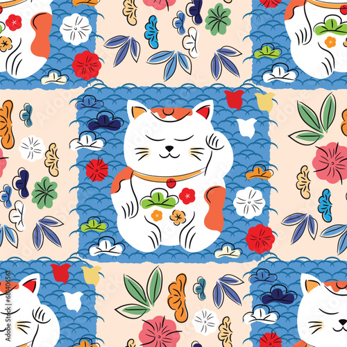 Awesome maneki-neko cats  seamless pattern  Modern cute japanese template texture with lucky charms - Maneki Neko Vector flat trendy illustration