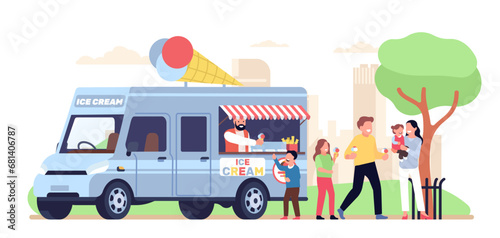 Family buys ice cream at park by ice cream truck. Street food auto van in park. Takeaway cafe. Vendor at outdoor counter. Mother and father walking together with kids. Vector concept