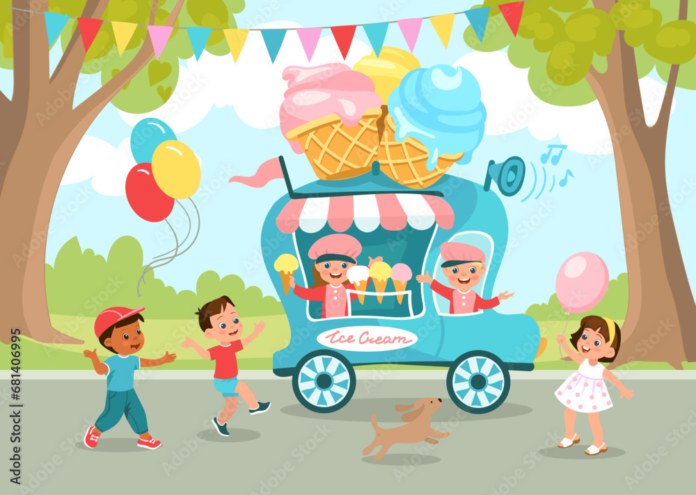 Fototapeta premium Ice cream truck in park. Cute kids buy cold sweets. Street food kiosk in city. Happy children walk outdoor. Sellers at counter. Takeaway cafe. Refreshing dessert. Splendid vector concept