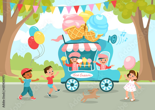 Ice cream truck in park. Cute kids buy cold sweets. Street food kiosk in city. Happy children walk outdoor. Sellers at counter. Takeaway cafe. Refreshing dessert. Splendid vector concept