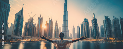 Rear view of woman with raised hands with big city in backgrounds. © Michal