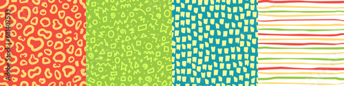 Seamless doodle textures. Abstract art backgrounds. Childish pattern. Geometric shapes. Hand drawn stripes and dots print. Scribble elements. Circles and free forms. Recent vector set