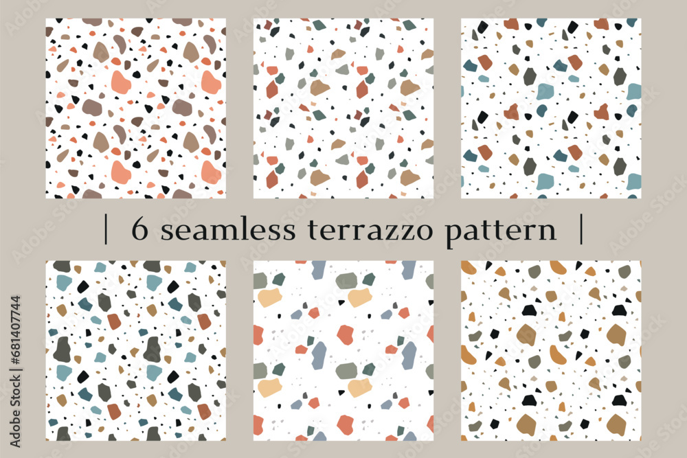 Terrazzo seamless patterns. Repeated granite texture. Natural stone material imitation. Trendy Italian design. Abstract particles. Wall and floor tile. Mosaic concrete. Garish vector set