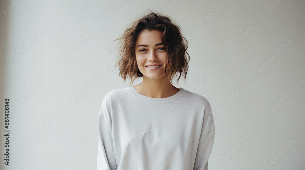 Portrait of a smiling young woman in a white sweatshirt. Portrait of a smiling young woman in a white sweatshirt.