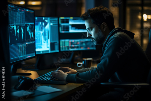 A man at a computer against the backdrop of stock quotes.