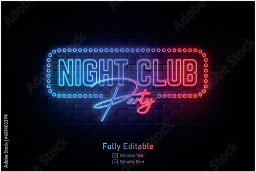 Vector neon effect light night party editable text effect and night club logo for neon text effect	