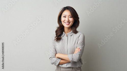 Confident asian business woman with arms crossed standing on grey background, asian. photo