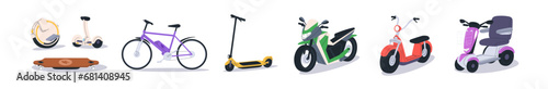 Electric transport types set. Eco urban vehicles. Kick scooter, bicycle, bike, motorbike, board and mono-wheel. Modern ecological green EVs. Flat vector illustrations isolated on white background