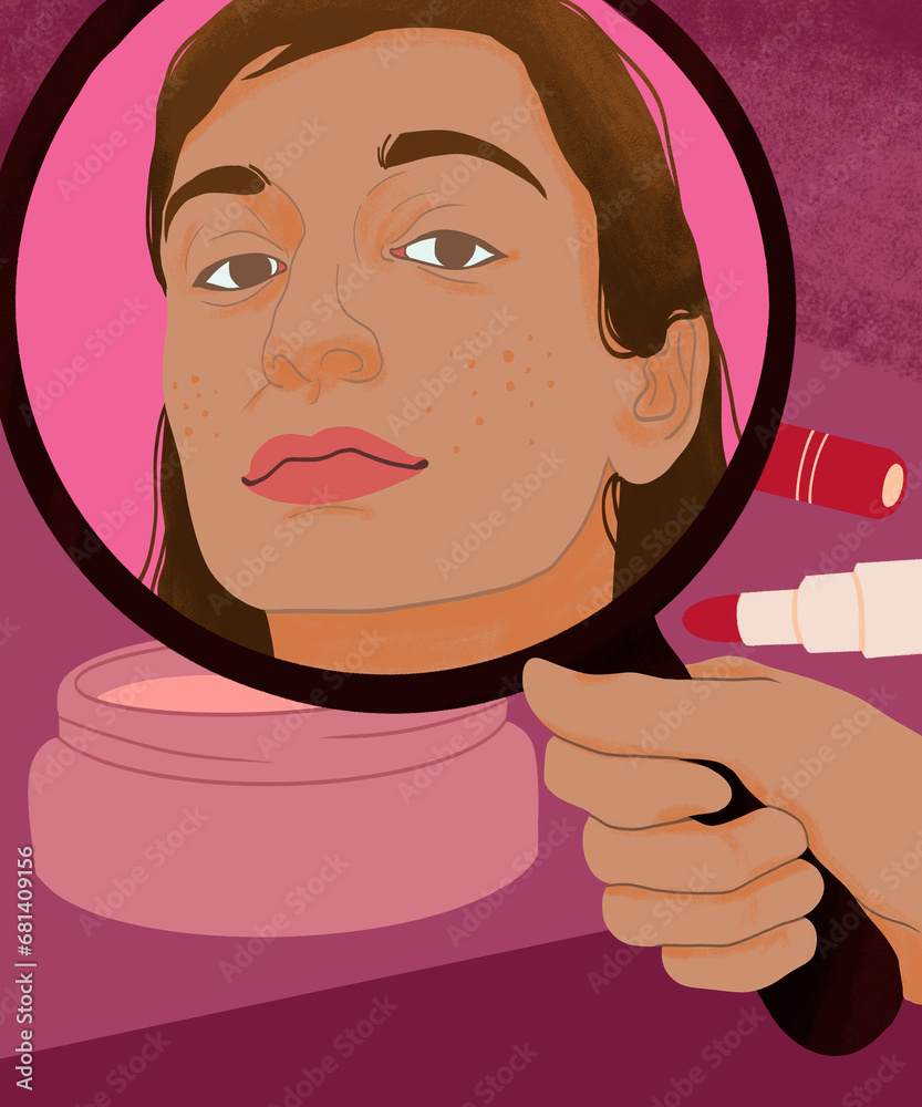 Woman looking at her acne in a mirror, illustration Woman looking at her acne in a mirror, illustration