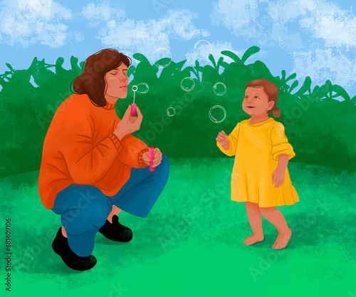 Mother and daughter playing with bubble wand, illustration photo