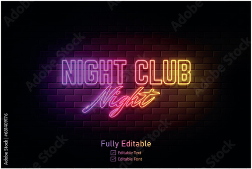 Vector neon effect light night party editable text effect and night club logo for neon text effect	