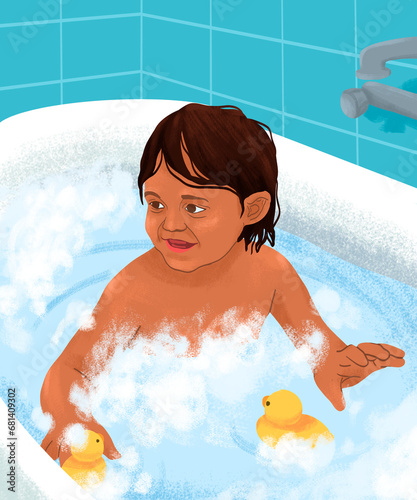 Child playing with rubber ducks in bath, illustration