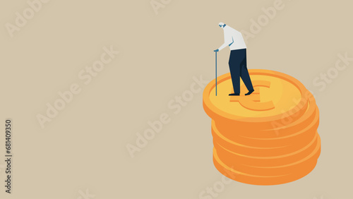 An elderly man standing on a stack of euro. He uses a cane.
