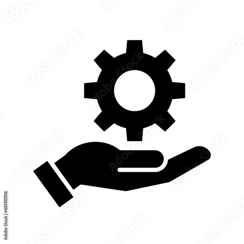 Hand holding cogwheel icon, Gear in hand sign, Maintenance service guarantee, Setting and repair sign, Installation and support, Isolated on white background, Vector illustration