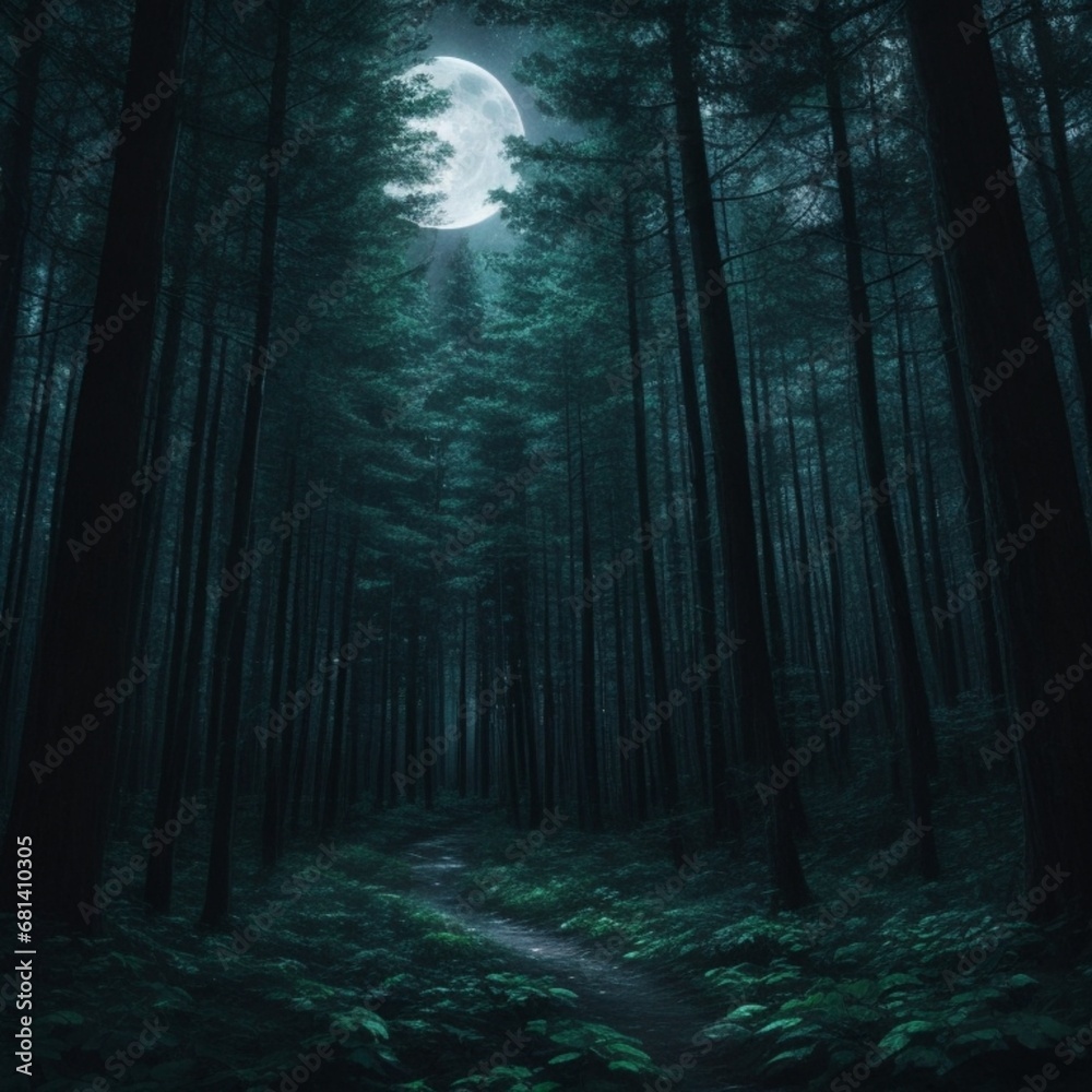 Obraz premium Silent Shadows: A Dark Forest Embraced by the Night