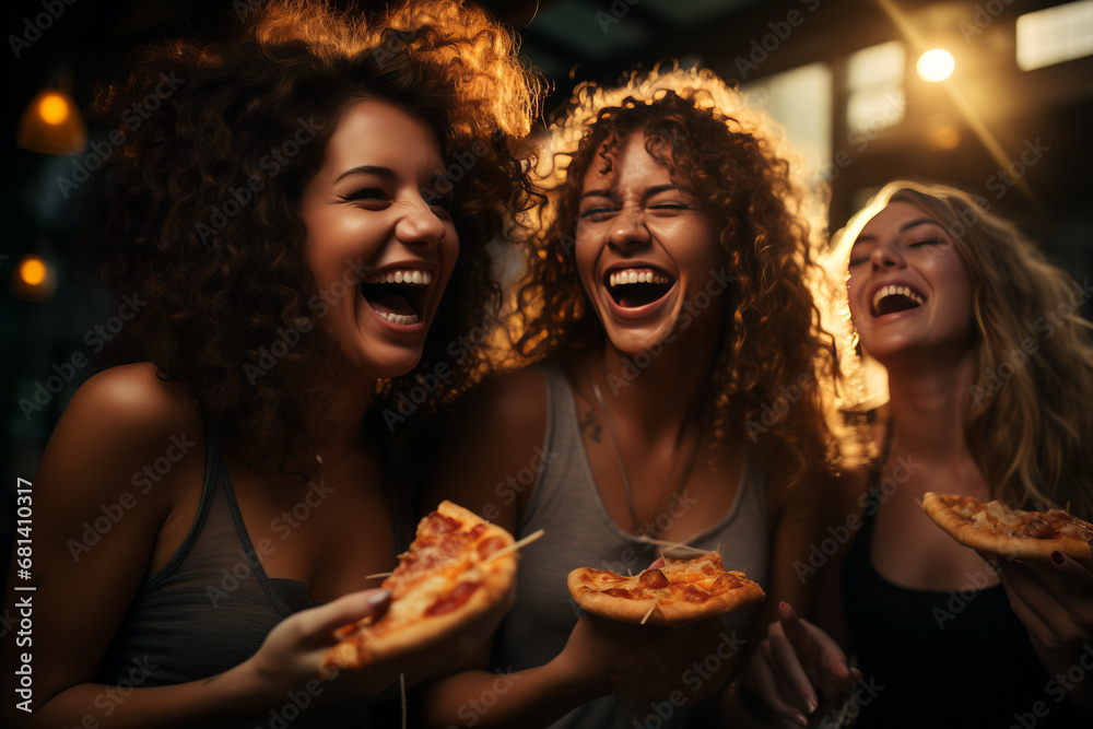 Girlfriends eat pizza and have a fun, animated conversation.