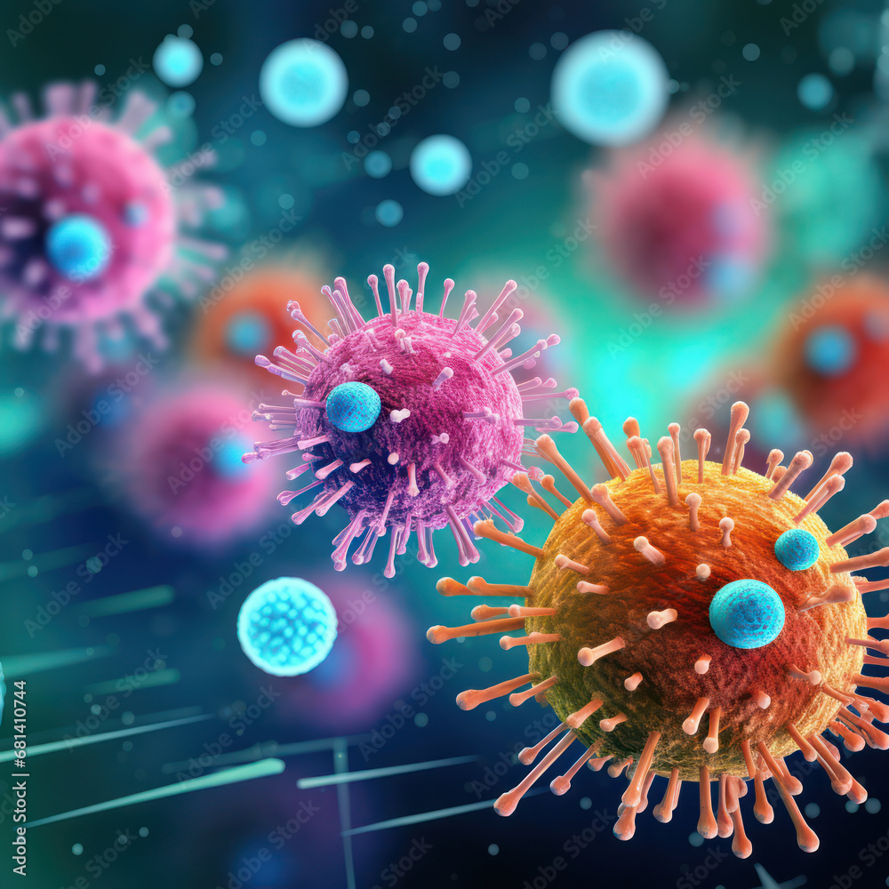 Obraz premium microscopic view of floating influenza virus cells flu. medical science concept