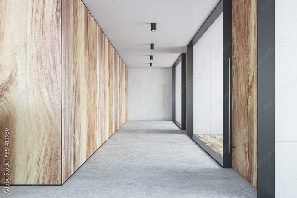 Modern glass office hall interior with wooden and concrete walls. 3D Rendering.