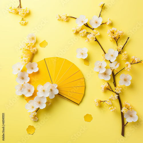 Hanami day celebration with cherry blossoms. Studio photography, close-up, isolated on modern yellow background 