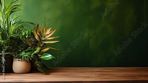 Brown wooden table with potted plants
